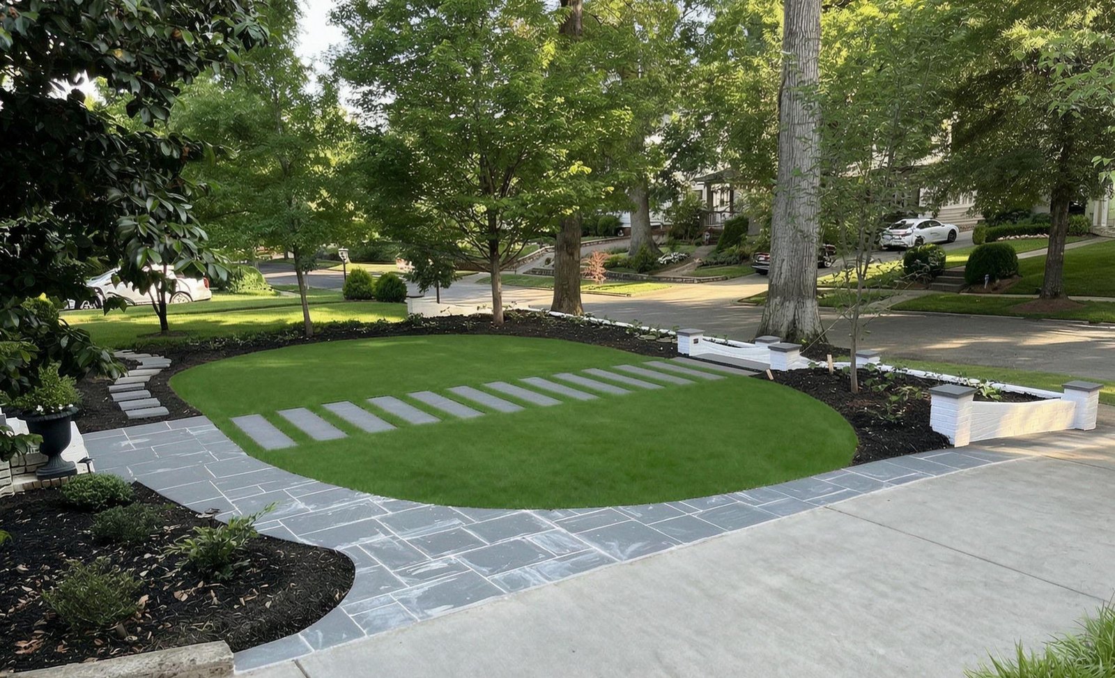 A Charlotte residential garden with an oval lawn and bluestone walk