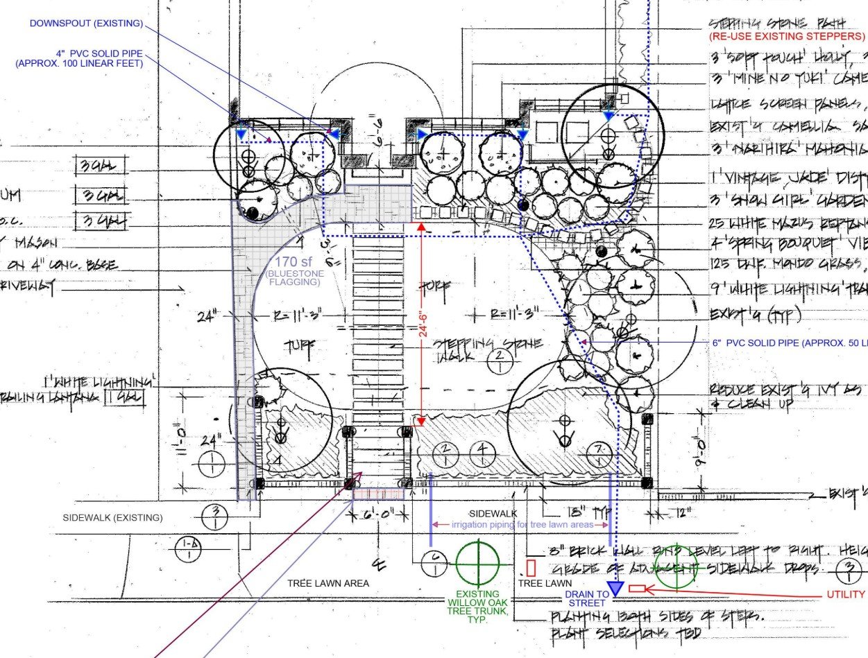 A hand-drawn residential landscape plan